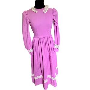 Vintage 60's Handmade Orchid Purple Maxi Lace Collar Prairie Full Dress XS Small